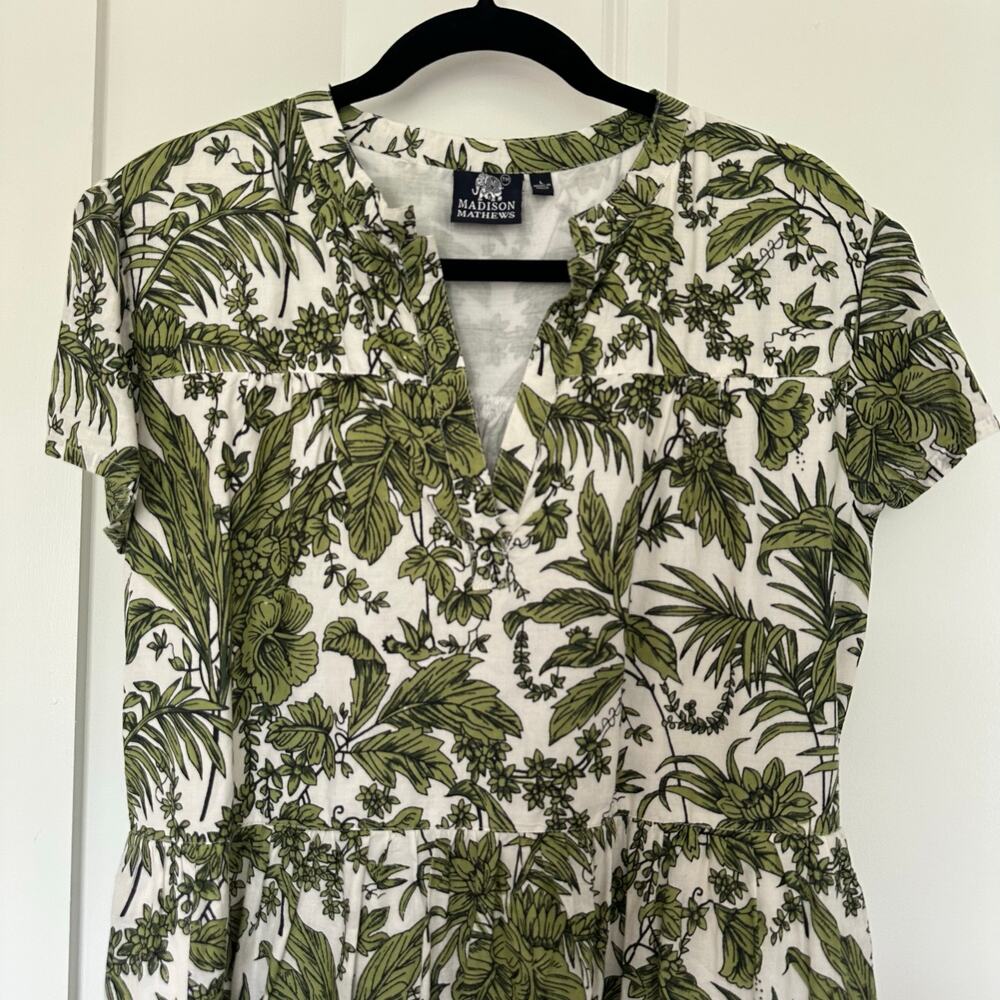Madison Mathews (L) Tropical Botanical Block Print Green/White Preppy Mini Dress - Picture 4 of 6